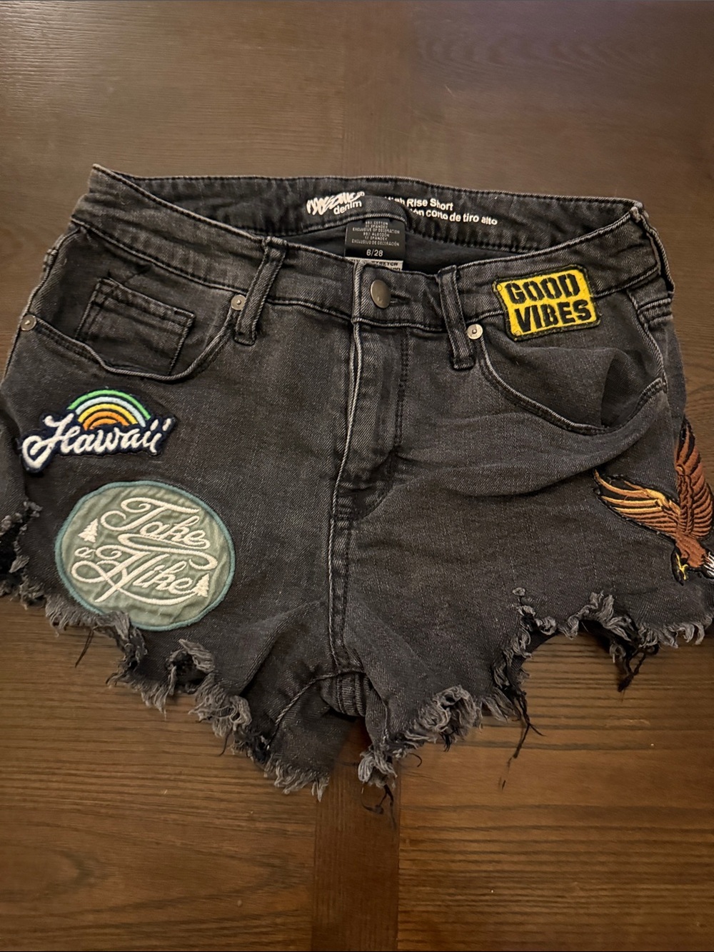Mossimo High Rise Patchwork Distressed Denim Shorts Black Size 6/28